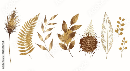 Golden botanical leaf collection, luxury metallic foliage vector set, elegant bronze autumn leaves and fern branches for wedding invitations