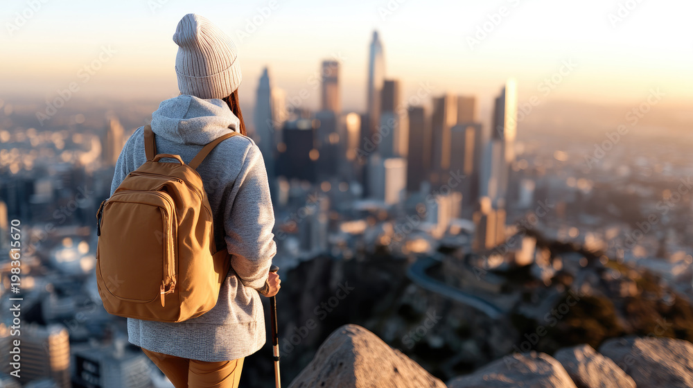 Fototapeta premium Black woman standing with a backpack and a suit jacket, viewing the sprawling city panorama from an elevated perspective, symbolizing career aspirations, travel, and future prospects