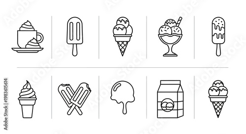 Minimalist ice cream line icons, 10 frozen dessert vector elements, black and white summer treats set, sweet dairy snack illustrations for menu design