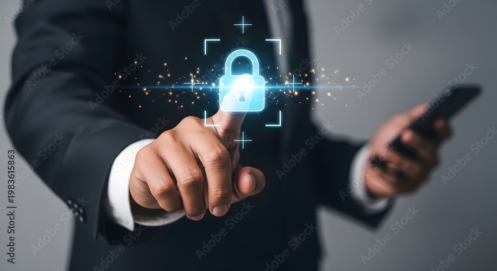 Fototapeta premium Cyber security and data protection concept businessman using mobile phone with padlock icon on screen