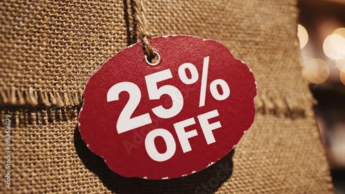 Red 25% OFF sale tag on burlap background