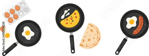Breakfast Cooking Set with Frying Pans Eggs Omelette Sausage and Tortilla Flat Top View Kitchen Food Preparation Vector Illustration Collection