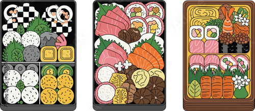 Japanese Bento Box Meal Collection with Sushi Sashimi Rice Rolls Seafood and Traditional Lunch Sets Top View Vector Illustration Design