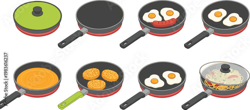 Frying Pan Cooking Set with Eggs Pancakes Omelette and Sausage Breakfast Preparation Kitchen Utensil Flat Vector Illustration Collection