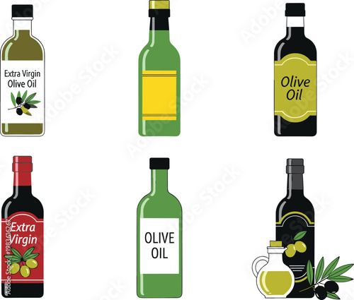 Olive Oil Bottle Set with Extra Virgin Labels Glass Containers and Olive Fruit Elements Mediterranean Cooking Ingredient Vector Illustration Collection