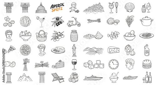 Italian culture line art icons set, hand drawn travel and food doodles, Mediterranean lifestyle elements and landmarks vector collection