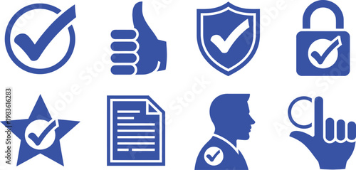 Approval icon set. Check mark, thumbs up, shield, lock, star, document, user, touch, quality, guarantee - stock vector
