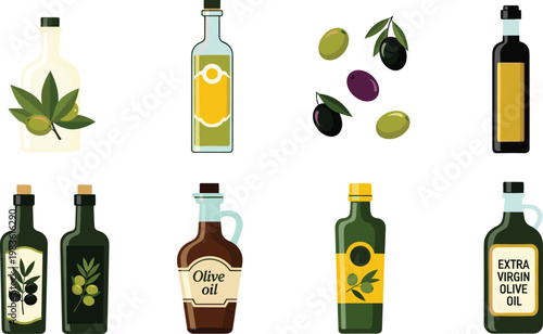 Olive Oil Bottle Collection with Extra Virgin Oil Glass Containers and Olive Fruit Ingredients Mediterranean Cooking Vector Illustration Set