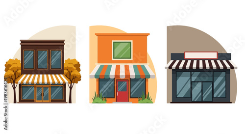 Flat vector storefront collection, set of 3 retail shop buildings with awnings, modern boutique and cafe exterior facades for business web design