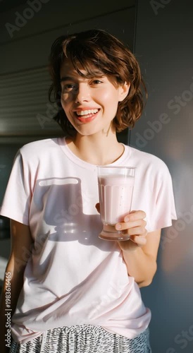 Smiling woman holding pink smoothie in sunlight healthy lifestyle freshness and positive mood indoor portrait