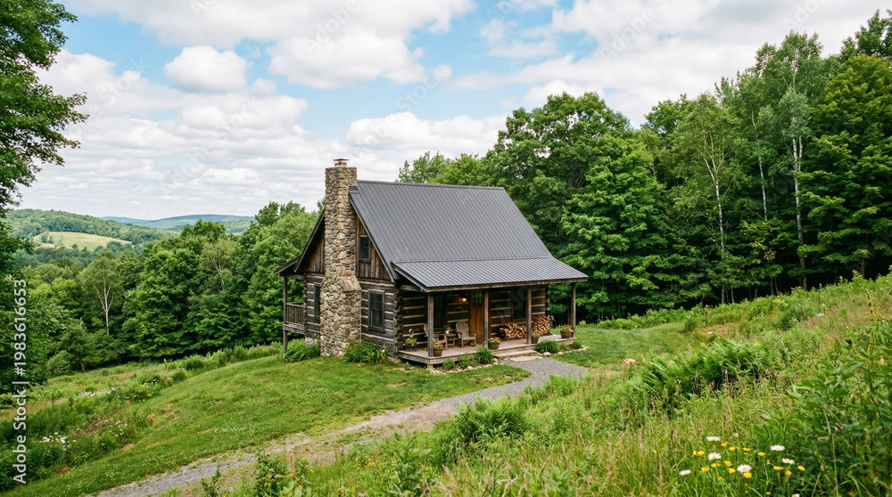 Obraz premium A rustic log cabin with a dark A-frame roof and stone chimney, perched on a gently rolling green hillside, surrounded by mature deciduous trees in full summer foliage