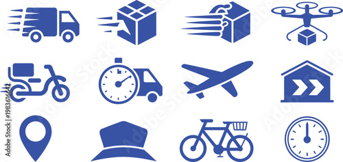 Express delivery icon set. Fast shipping, drone, courier, truck, warehouse, location, global logistics - stock vector