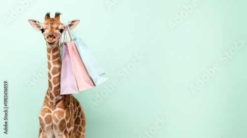 Baby giraffe holding colorful shopping bags on mint background