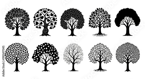 Black tree silhouettes collection, 10 decorative deciduous tree icons with leaves and hearts, botanical vector elements for landscape design and logos