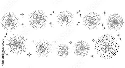 Vintage sunburst collection with 10 hand drawn starburst elements, retro line art fireworks and sparkle icons, decorative radial rays for logo design