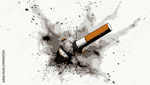 Anti Smoking Illustration of Exploding Cigarette with Smoke Blast