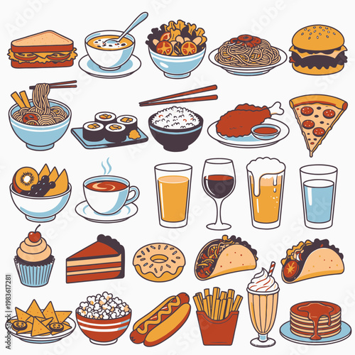 Vector Illustration of Popular Food and Beverage Icons Set