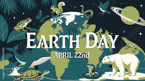 Earth Day April 22nd Banner with Planet Earth and Wildlife Illustration