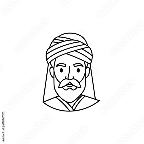 Bearded Man with Turban Minimalist Line Art Vector Illustration