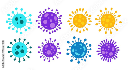 Microscopic virus cell icons set, colorful bacteria and germ vector illustrations, medical microbiology pathogen collection for healthcare infographics