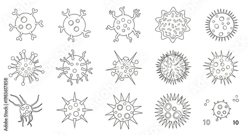 Microscopic virus line icons set, hand drawn bacteria and germ vector illustrations, 15 black and white pathogen cell elements for medical science