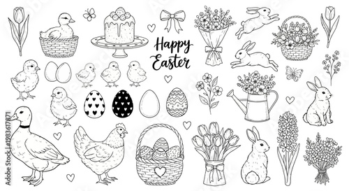 Easter coloring page vector set, hand drawn spring holiday doodles with bunnies and chicks, black and white outline icons for kids activity