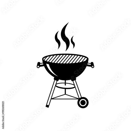 Black and White Vector Illustration of a BBQ Kettle Grill with Smoke