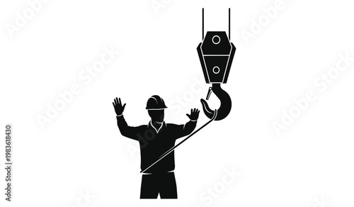 A stark black graphic depicts a construction worker signaling near a heavy duty crane with a hook creating a striking silhouette high quality professional