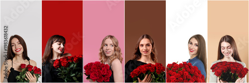 Gorgeous women with bouquets of red roses on colorful backgrounds. Collection of portraits