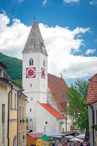 Street festival and historic parish church in Spitz an der Donau in the Wachau Region in Lower Austria, Austria
