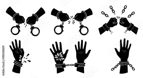 Black silhouette illustrations of bound hands with chains and handcuffs.