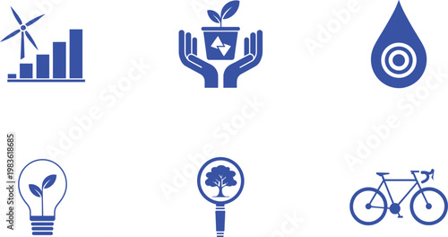 Sustainable lifestyle icon set. Renewable energy, eco growth, organic, clean water, green planet, bicycle - stock vector