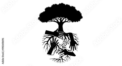 Tree roots and hands reaching out.