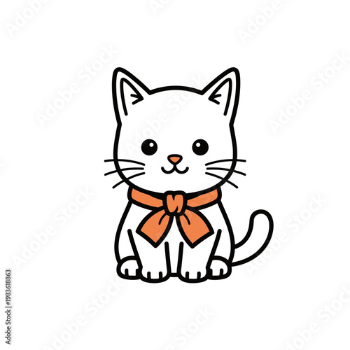 Cute White Cat Vector Illustration with Orange Bow