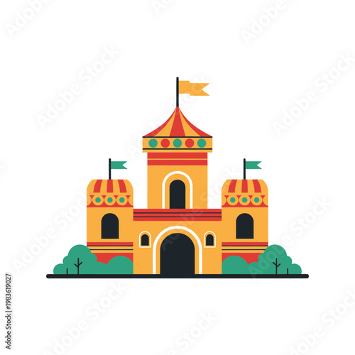 Colorful Flat Vector Illustration of a Fairytale Castle