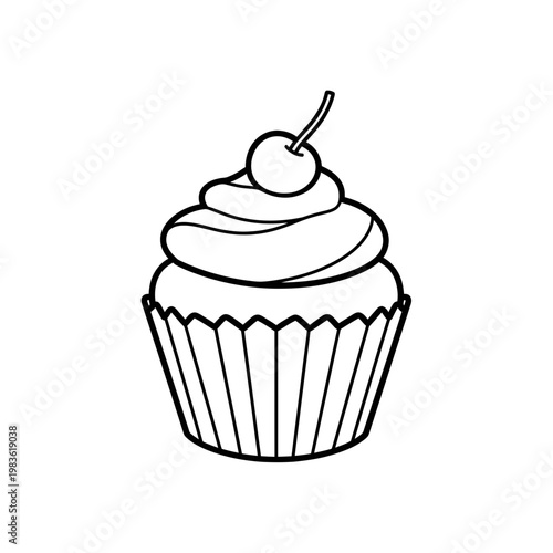 Cupcake with Cherry Line Art Illustration Vector