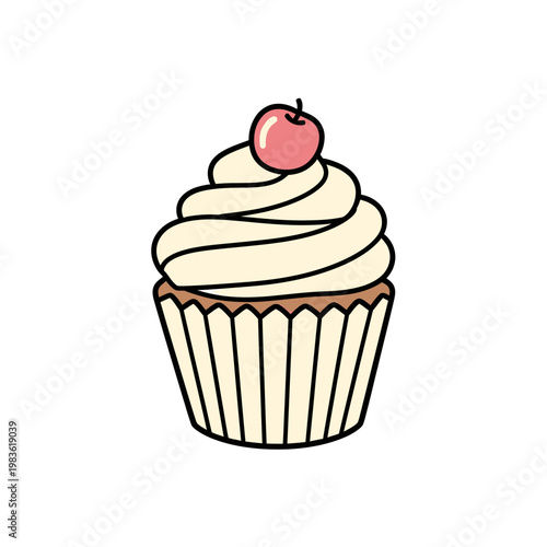 Cute Vanilla Cupcake Vector Illustration with Cherry on Top