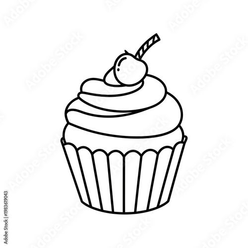 Cupcake with Cherry Line Art Vector Illustration