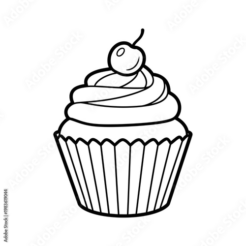 Cupcake with Frosting and Cherry Line Art Vector Illustration