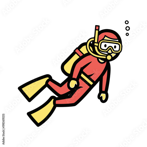 Scuba Diver Vector Illustration in Red and Yellow Diving Suit