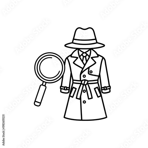 Detective Line Art Illustration with Trench Coat Hat and Magnifier