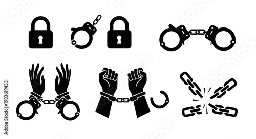 Black and white illustration of prison chains and locks.