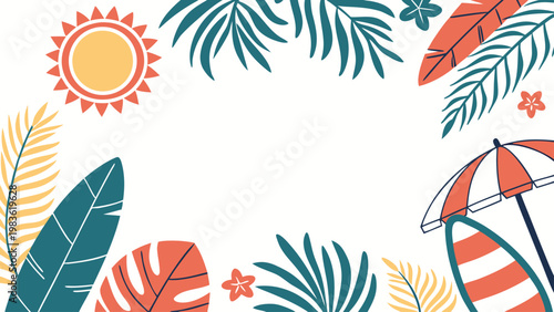 Vibrant summer vacation backdrop with tropical leaves, sun, and beach umbrella