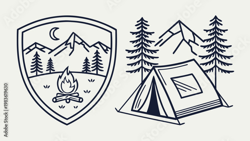 Adventuresome camping scene with mountains, tent, and campfire under the moonlit sky.