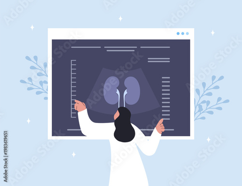 Kidney stones diagnosis and treatment. Female doctor study ultrasound examination. Renal pain or urinary health. Medical vector illustration of internal organ and stone detection.