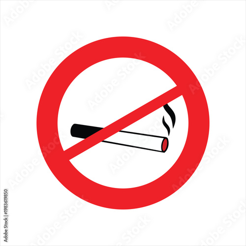 Cigarette warning sign depicts a simple vector icon of a burning tobacco stick inside a red prohibition circle to inform visitors that smoking is not allowed.