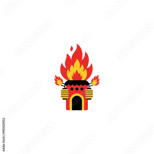 Red Pagoda Style Building On Fire Vector Illustration