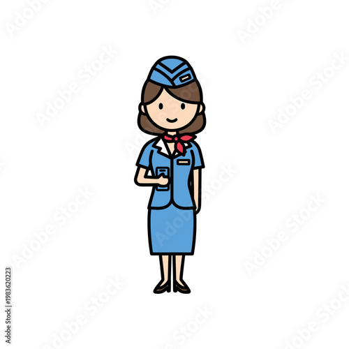 Friendly Flight Attendant Illustration in Blue Uniform