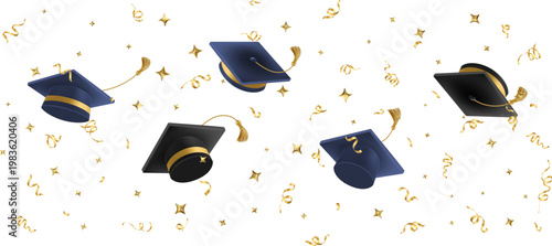 3d flying graduate hat. Vintage roll paper with black mortarboard. Graduation celebration party invitation, ad banner, promo poster. Vector illustration. EPS 10.