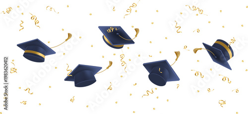 3d flying graduate hat. Vintage roll paper with black mortarboard. Graduation celebration party invitation, ad banner, promo poster. Vector illustration. EPS 10.